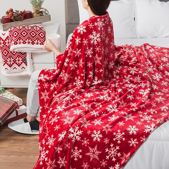 PAVILIA Christmas Throw Blanket | Red Snowflake Christmas Fleece Blanket | Soft, Plush, Warm Winter Cabin Throw, Twin 60x80 (Red/White Snowflake)