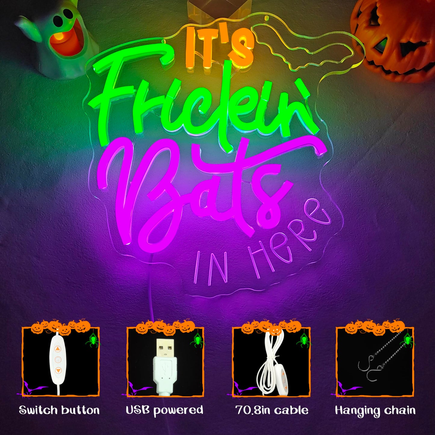 FuugZze It's Frickin Bats Halloween Neon Signs for Wall Decor It's Frickin Bat Neon Lights Halloween Led Signs for Bedroom Wall USB Halloween Light Up Sign for Bedroom Bats Wall Decor Party Gifts