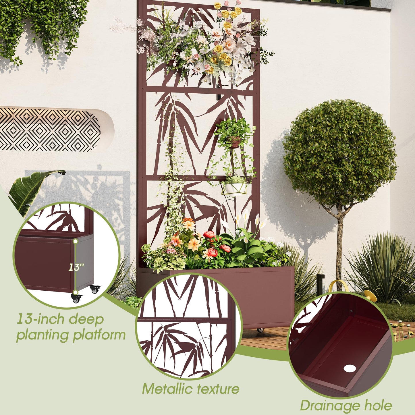UPHYB Metal Planter Box with Trellis, 71"x 35"x 16" Raised Garden Bed with Trellis, Planter Box Trellis with Privacy Screen, Drainage Holes and 4 Lockable Wheels, Brown, Bamboo Style
