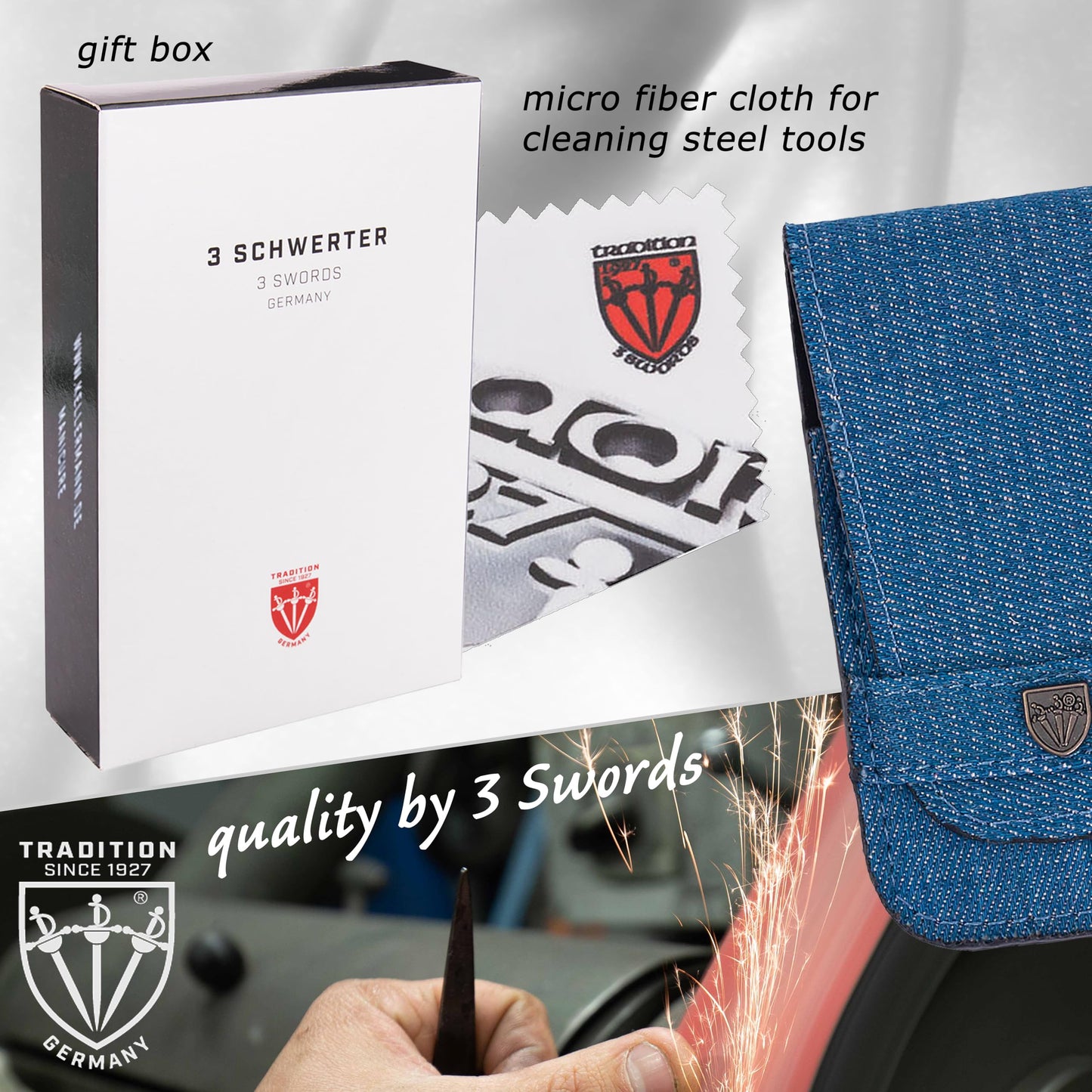 3 Swords Germany - brand quality 6 piece manicure pedicure grooming kit set for professional nail care with jeans textile case - Made in Germany