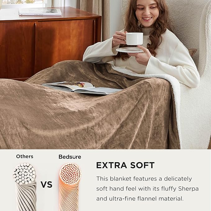 Bedsure Sherpa Fleece Oversized Cal King Blankets for Bed - Thick and Warm, Soft Fuzzy Plush Large Blanket for Winter, Camel, 112x98 Inches