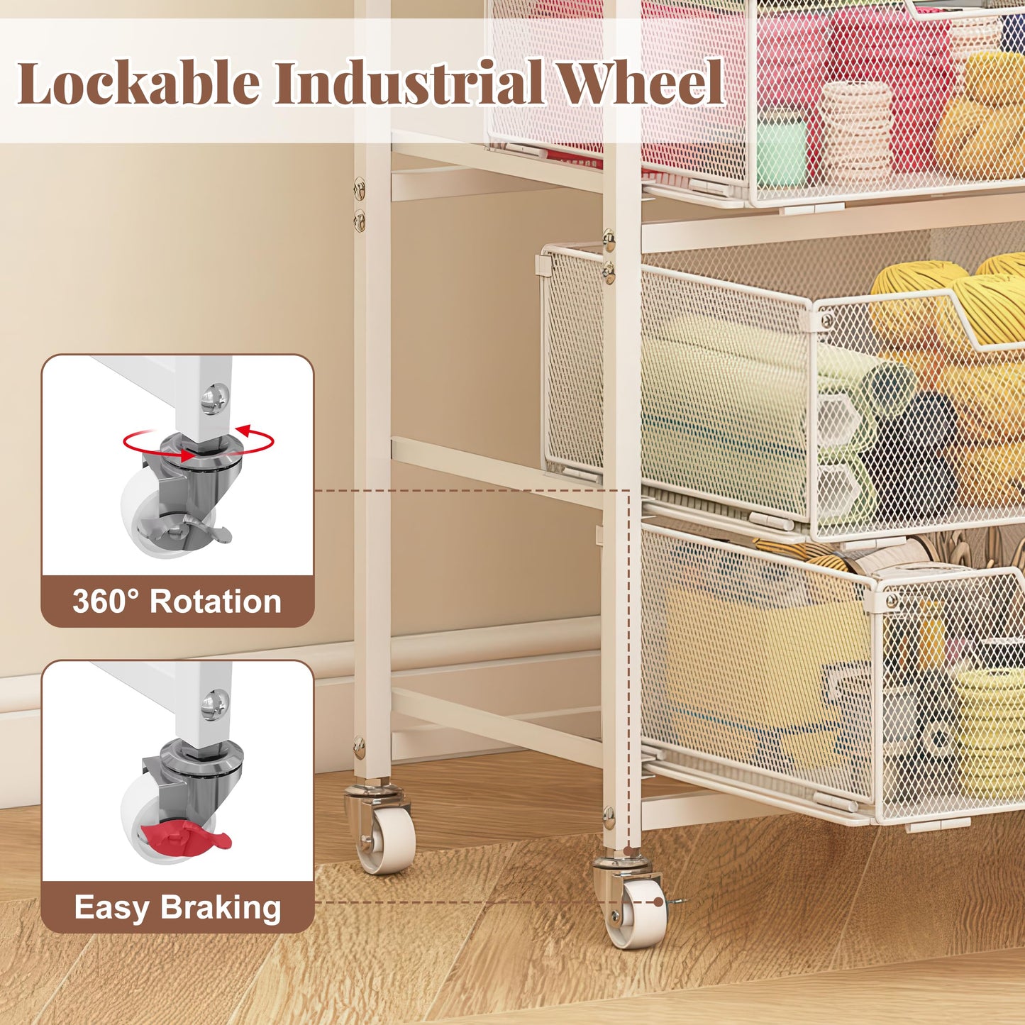 4-Drawer Rolling Storage Cart, Utility Cart with Drawers, White Metal Craft Cart Organizer with Wheels & Wooden Top, Art Supply Storage Organizer for Classroom, Office, Kitchen,Patent Pending
