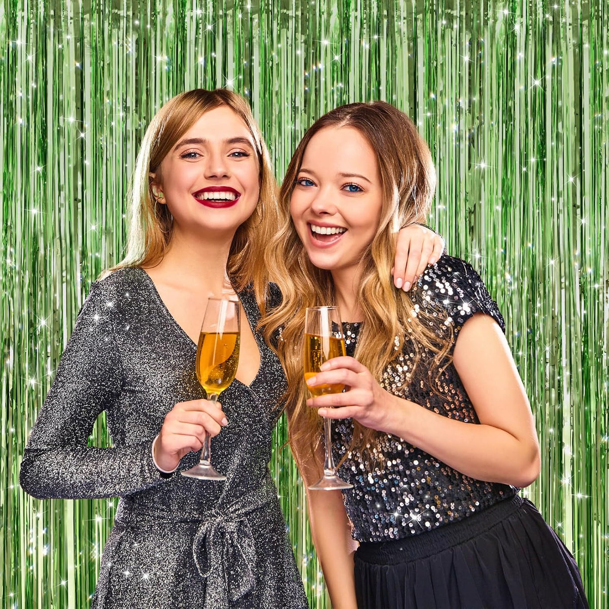 2 Pack Light Green Metallic Tinsel Foil Fringe Curtains, Door Streamers Photo Booth Backdrop for Birthday Party, Tinsel Curtain Backdrop for Baby Shower Bachelorette Christmas Party Decorations
