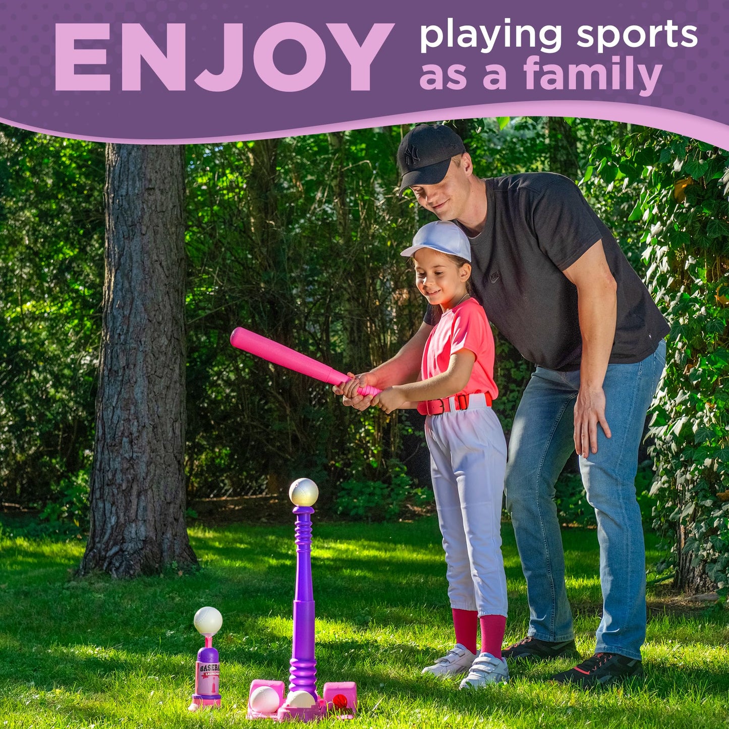 T Ball Stand for Kids and Toddlers 1-3, 3-5, 5-8. Baseball Set Includes 6 Large Balls, an Adjustable Tball Batting Tee, and a Pitching Machine. Kids Bat and T-Ball Set