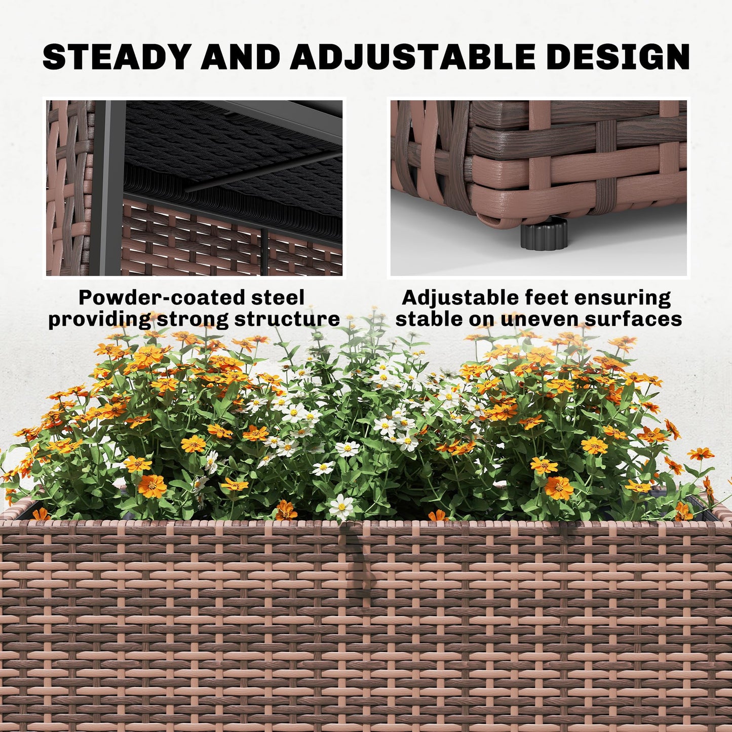 Outsunny Tall Rectangular Planter with Removable Liner, PE Wicker Large Planters for Outdoor Plants, Freestanding Indoor Outdoor Planter Box with Drainage Holes for Flowers, Vegetables, Brown