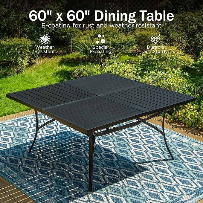 PHI VILLA 9 Pieces Outdoor Dining Set for 8, 60" Square Black Metal Table with Umbrella Hole & Wrought Iron Chairs, All Weather Outside Furniture with Blue Cushions & Pillows for Patio, Deck, Porch