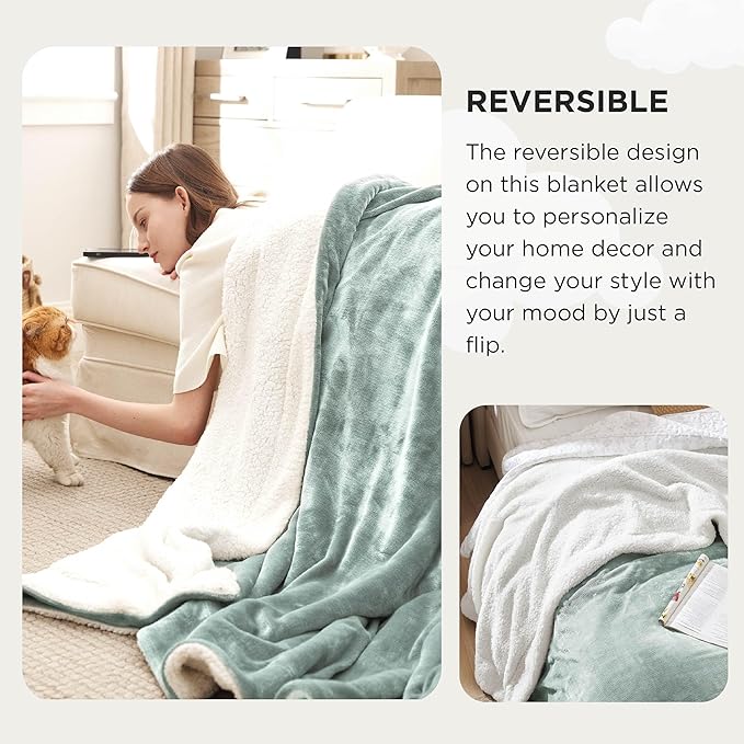 Bedsure Sherpa Fleece Oversized Cal King Blankets for Bed - Thick and Warm, Soft Fuzzy Plush Large Blanket for Winter, Sage Green, 112x98 Inches
