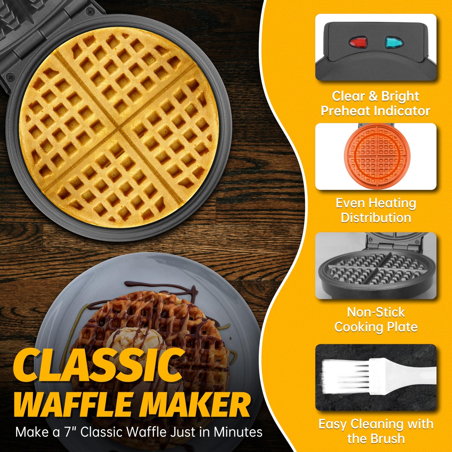 FineMade 7 Inches Round Classic Waffle Maker Machine, Mini Waffle Maker, Non-stick Waffle Irons, Thin Waffle Maker Crispy, Black