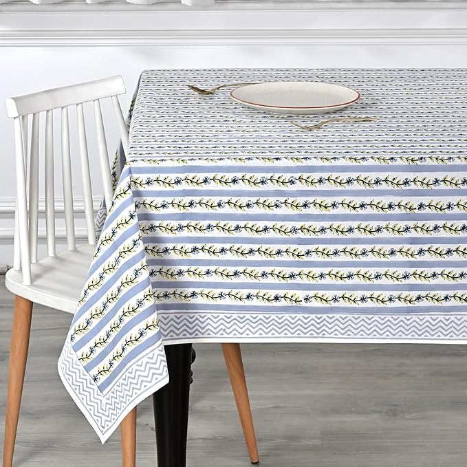 Ridhi Hand Block Print Dolphin Gray Rectangle Cotton Tablecloth 90" x 60" Reusable Table Cover Decorative Everyday Use for Dining, Farmhouse, Home Gift for Spring, Easter, Valentine