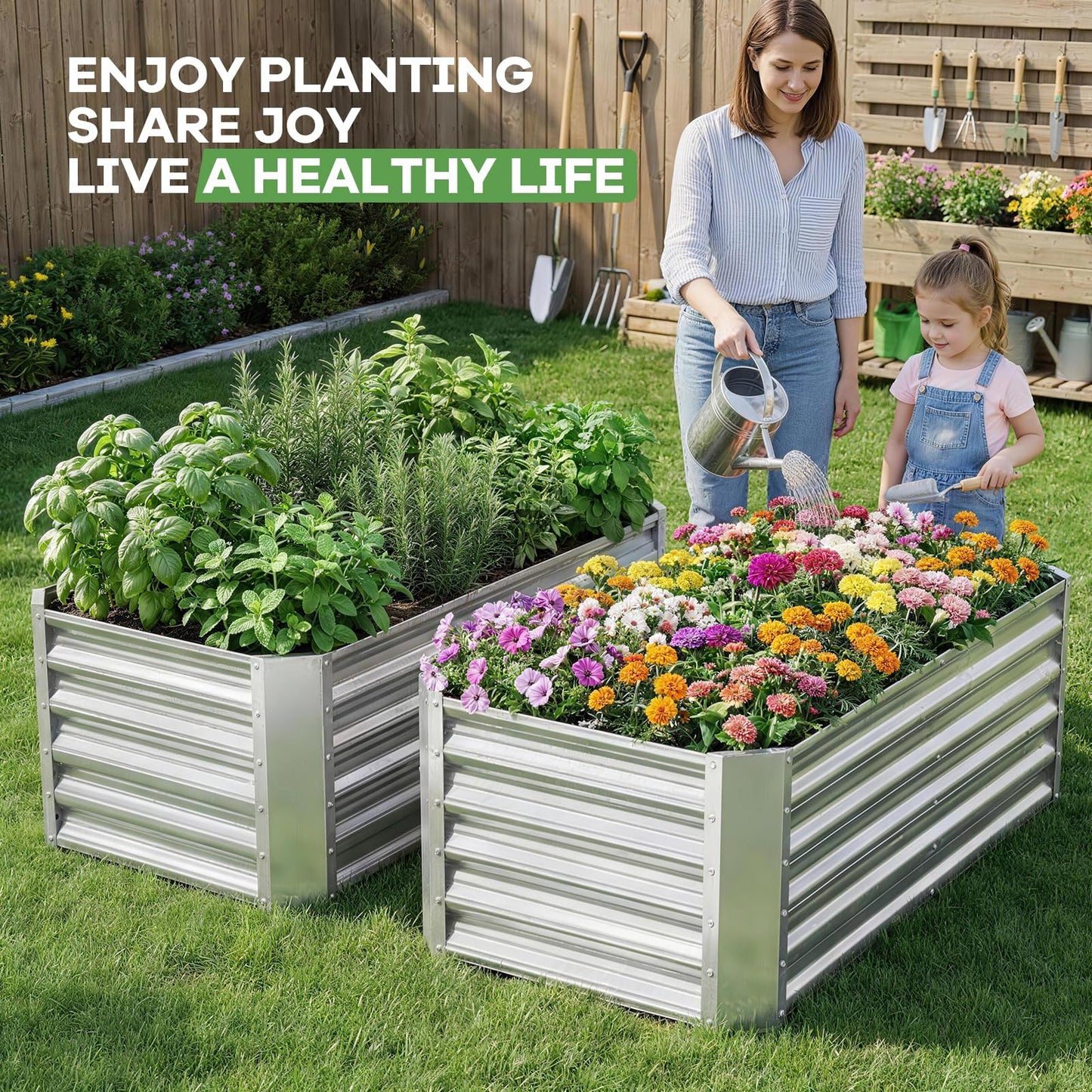 HEALSTOK Galvanized Raised Garden Bed Kits, 2 Pack Metal Planter Box Outdoor, 4x2x1.4ft Rectangular Steel Planter Bed for Vegetables, Fruits, Flowers, Herbs(Silver)