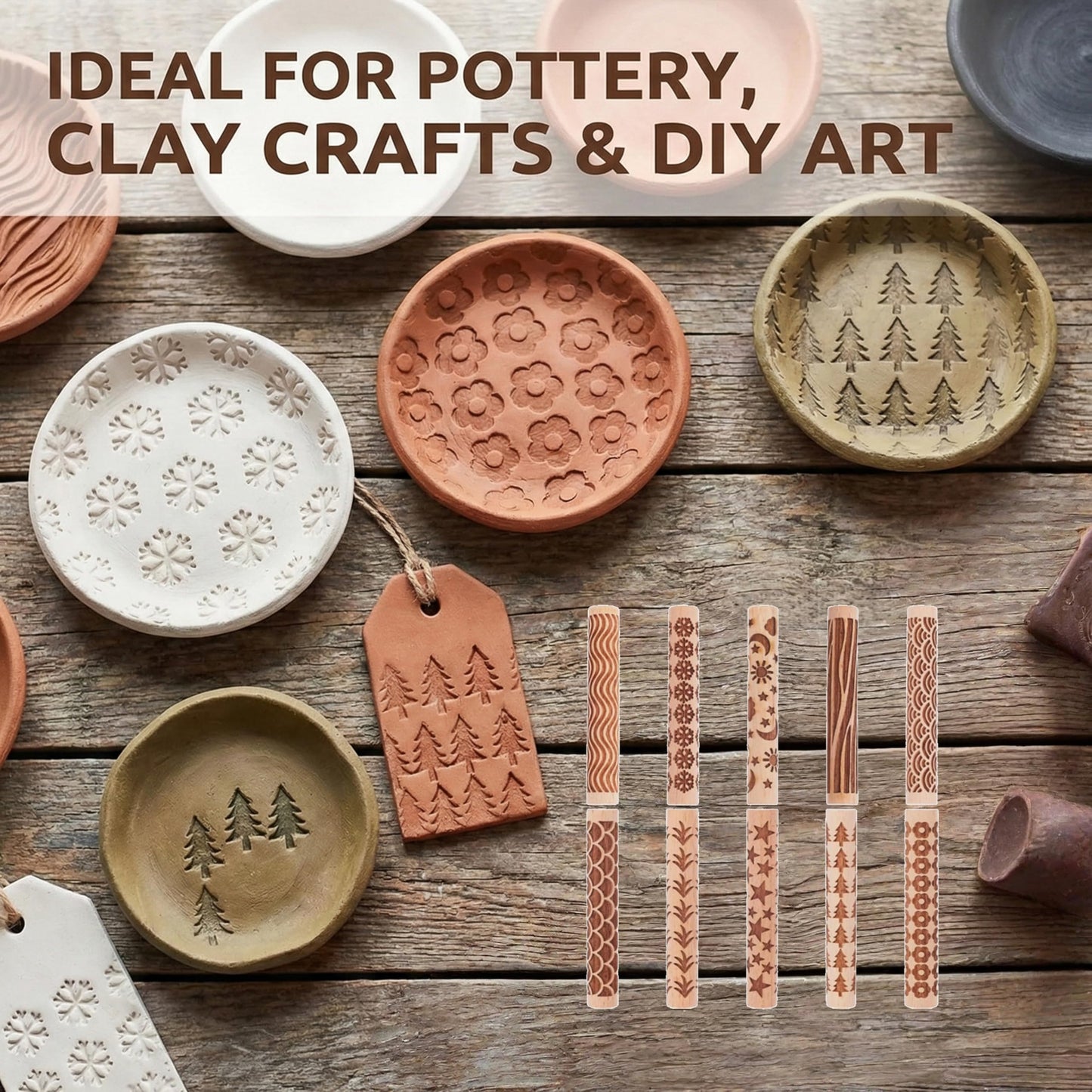 YANGYIXIN Wooden Clay Texture Rollers Set 10Pcs for Pottery Clay Roller and Texture Roller Tool Set with 10 Wooden Stamps & Textured Rolling Pins for Ceramics, DIY Handmade Art and Craft Supplies.