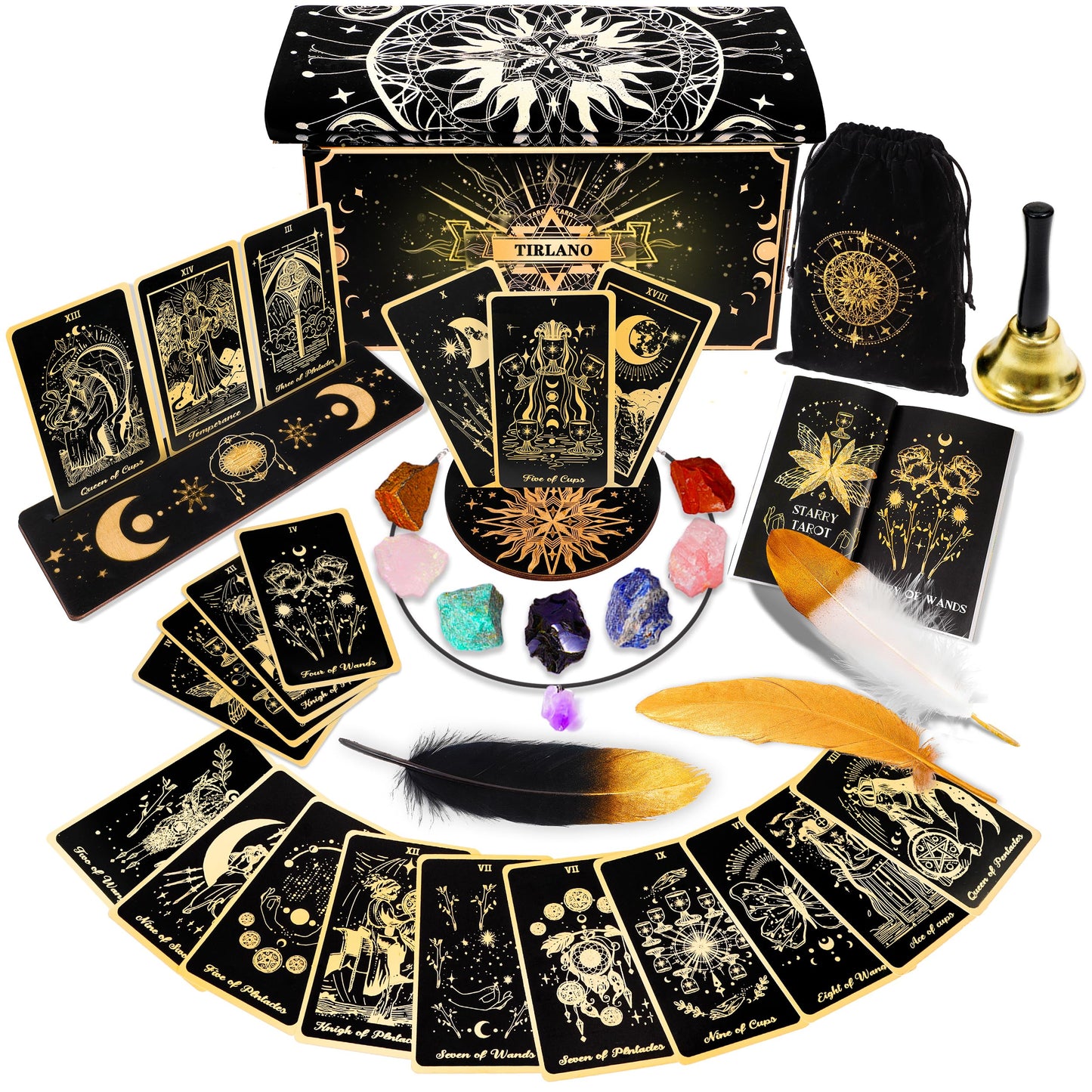 78 Tarot Cards with Guidebook - Tarot Deck Gift Set with Tarot Cloth & Holder, Chakra Stones & More, Black Tarot Cards Deck Fortune Telling Game Craft Cardboard for Beginners and Expert Readers