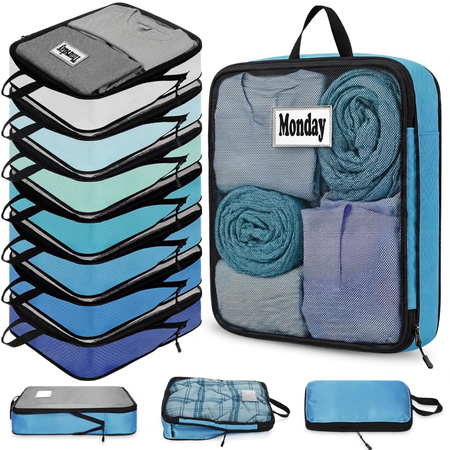 Bulyoou 7 Pcs Packing Cubes for Travel Days of Week Compression Packing Cube with Labels Organizers Luggage Storage Bag(Blue,Large)