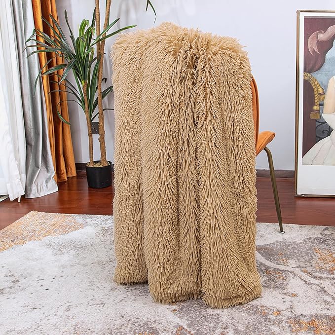 Tuddrom Decorative Extra Soft Faux Fur Blanket Queen Size 80" x 90",Solid Reversible Fuzzy Fluffy Cozy Plush Fleece Comfy Microfiber Fur Blanket for Couch Sofa Bed,Camel