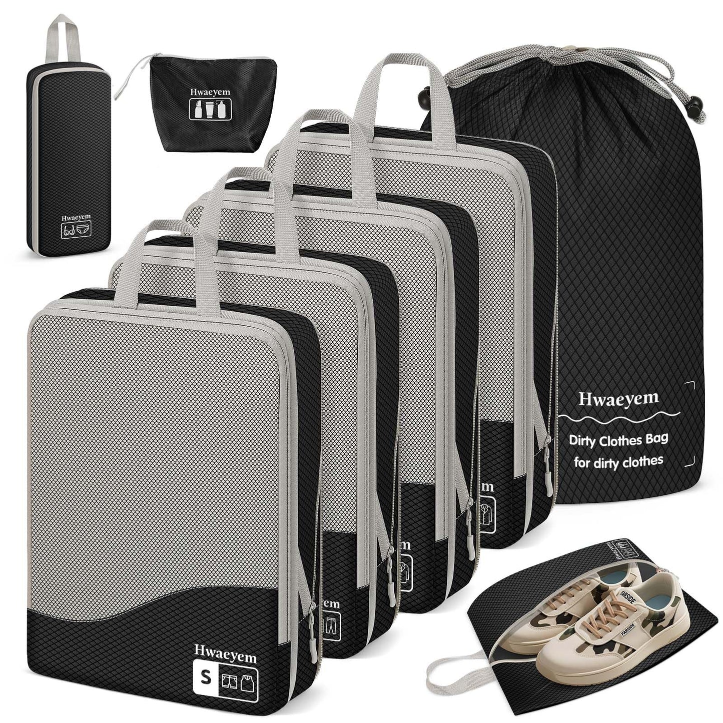 HWAEYEM Compression Packing Cubes 8 Set, Dual Zipper Compression Packing Cubes for Travel, See-Through Mesh Packing Bags for Suitcases, Packing Cube with Shoe Bag (Black)