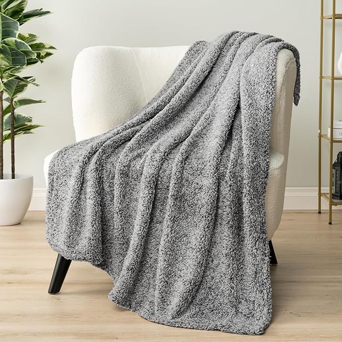 PAVILIA Sherpa Throw Blanket for Couch Sofa, Heather Grey Fluffy Warm Plush Blanket for Twin Bed, Cozy Super Soft Lightweight Throw, Fuzzy Decorative Blanket, All Season Home, 60x80