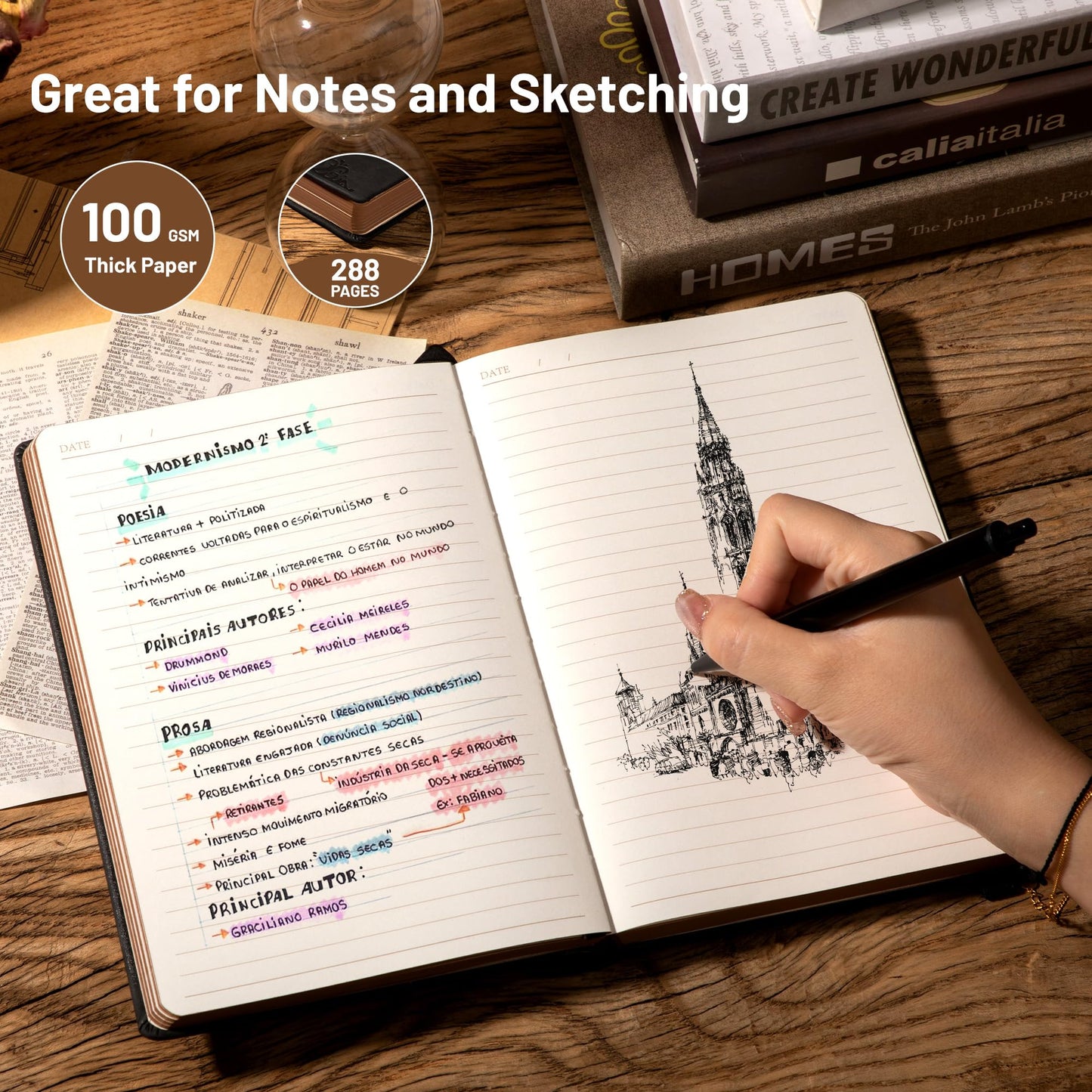 CAGIE Compass Leather Notebook Journal for Men, 100 GSM 288 Pages Lined Journals for Writing, A5 Hardcover Journaling Notebooks Gift Set with Pen for Travel Office Daily Writing
