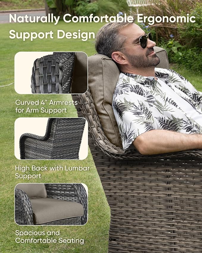 HUMMUH Wicker Patio Furniture High Back Swivel Rocker Patio Chairs Outdoor Bistro Set with Ottomans Side Table for Porch Garden Deck