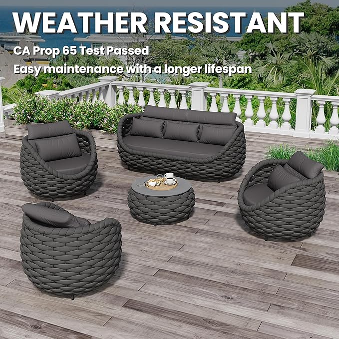 Aluminum Outdoor Patio Couch Set: 5 Pieces Woven Rope Porch Furniture Sofa Set - Metal Modern Deck Conversation Set - All Weather Assembled Courtyard Seating for Backyard Hotel Resort, Dark Grey