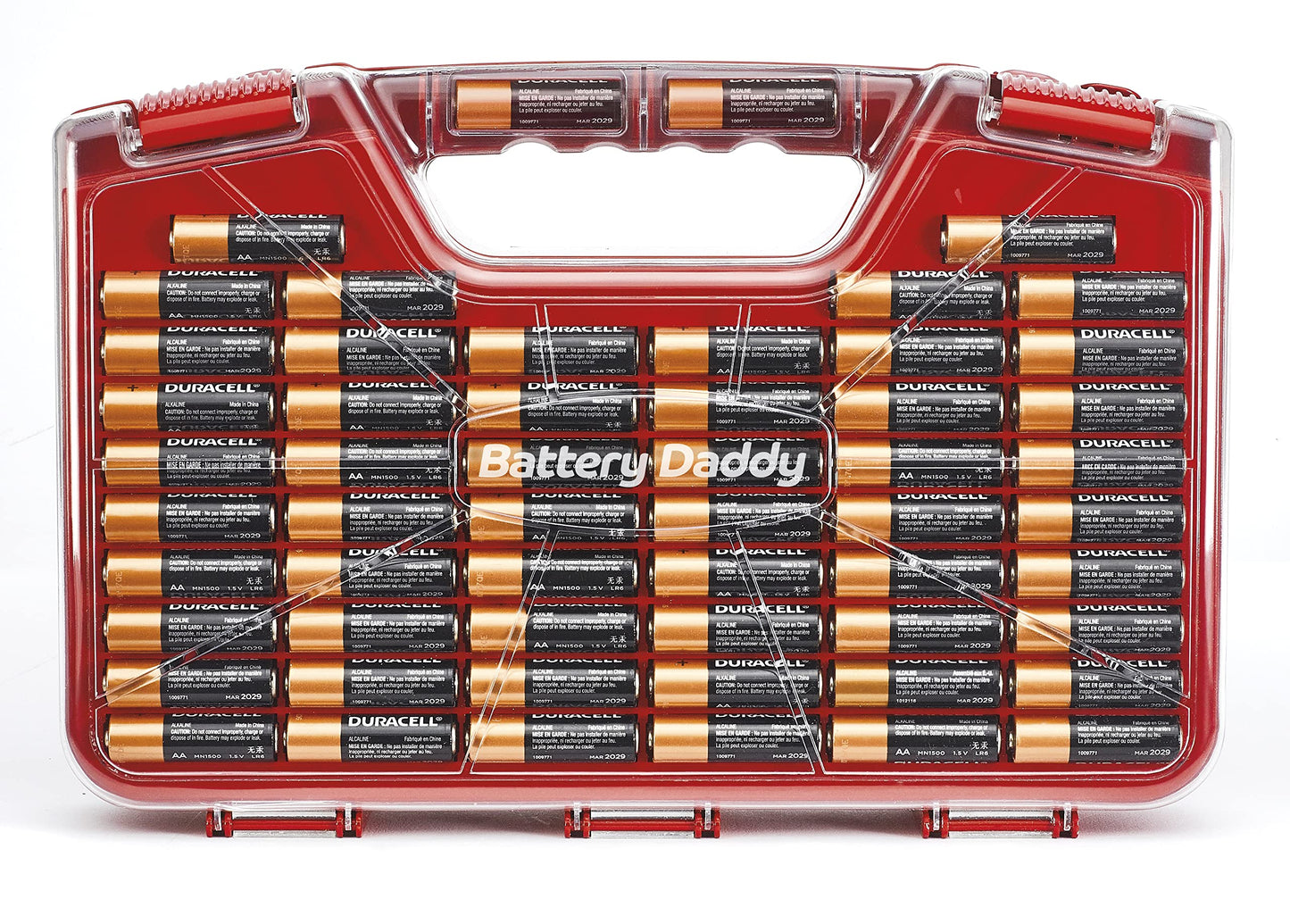 Ontel Battery Daddy Storage & Organizer Case w/Tester, Stores & Protects Up to 180 Batteries, Double-Sided, Clear Locking Lid, Secure Latches & Portable Carrying Handle - Red (Batteries Not Included)