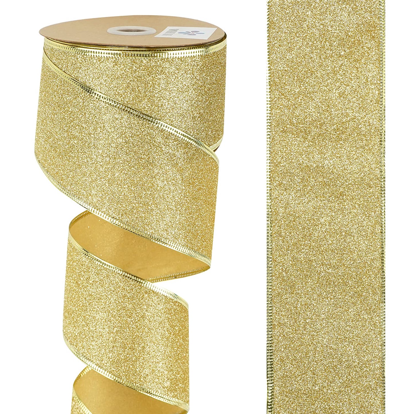 MEEDEE Gold Wired Ribbon 2.5 Inch Metallic Thick Glitter Ribbon by 25 Yards for Christmas Tree Decoration, Garland, Wreath Supplies