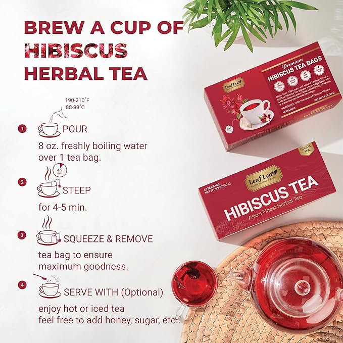 LeafLea 80 Hibiscus Tea Bags, 100% Natural Hibiscus Flowers, Caffeine-Free Herbal Tea, Red Hibiscus Flower Tea Bags, Te de Hibisco Natural, Sugar-Free, Non-GMO, Gluten-Free, Vegan (Pack of 2)
