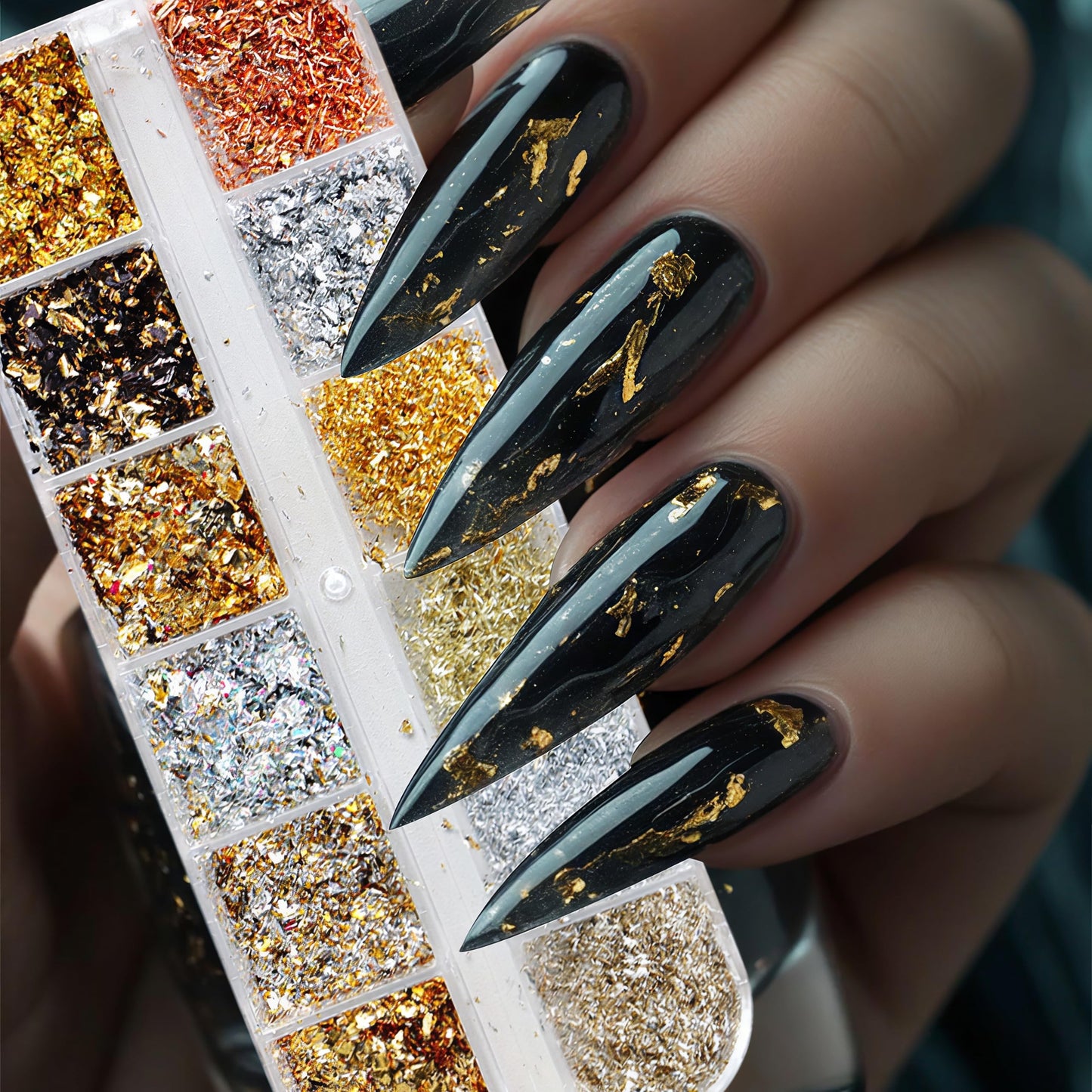12 Grids Holographic Nail Glitter Gold Foils for Kit Sparkly Ultra-Thin Aluminum Foil Nail Art Flakes Designs Irregular Foil 3D Glitter Foil Sequins for Women DIY Manicure Charms Decorations