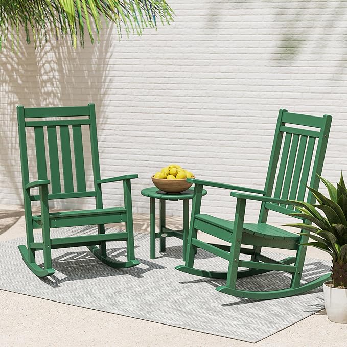 POLYWOOD Estate 3-Piece Rocking Chair Set, Outdoor Patio Furniture, HDPE Porch Rockers with Side Table, Fade-Free Green