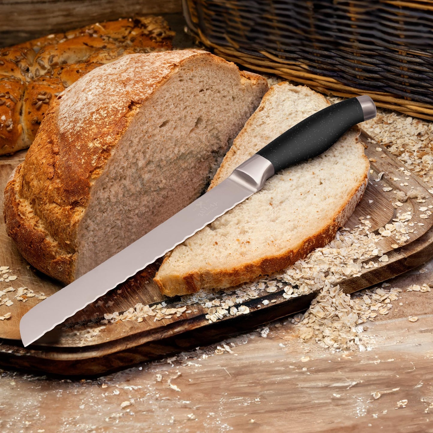 Zulay Kitchen Serrated Bread Knife - Ultra Sharp Stainless Steel Bread Knife for Homemade Bread, Cakes & Bagels - Razor Sharp Wavy Edge Bread Cutter & Slicer - 8-Inch Blade with 5-Inch Handle - Black