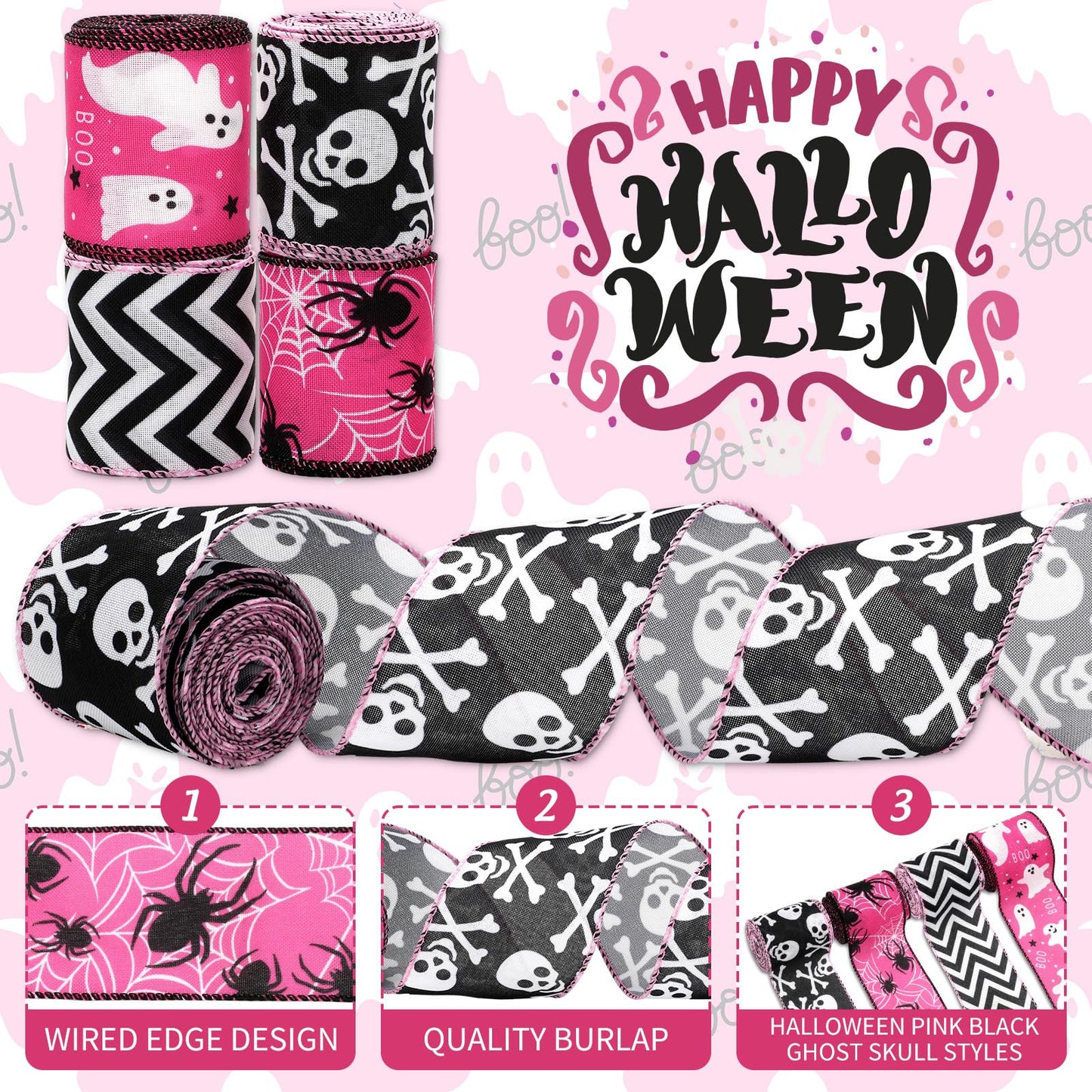 JarThenaAMCS Halloween Wired Edge Ribbons Ghost Skull Fabric Ribbons Pink Black Wrapping Ribbons for DIY Crafts Wreath Bow Making Supplies, 4 Rolls, 24 Yard
