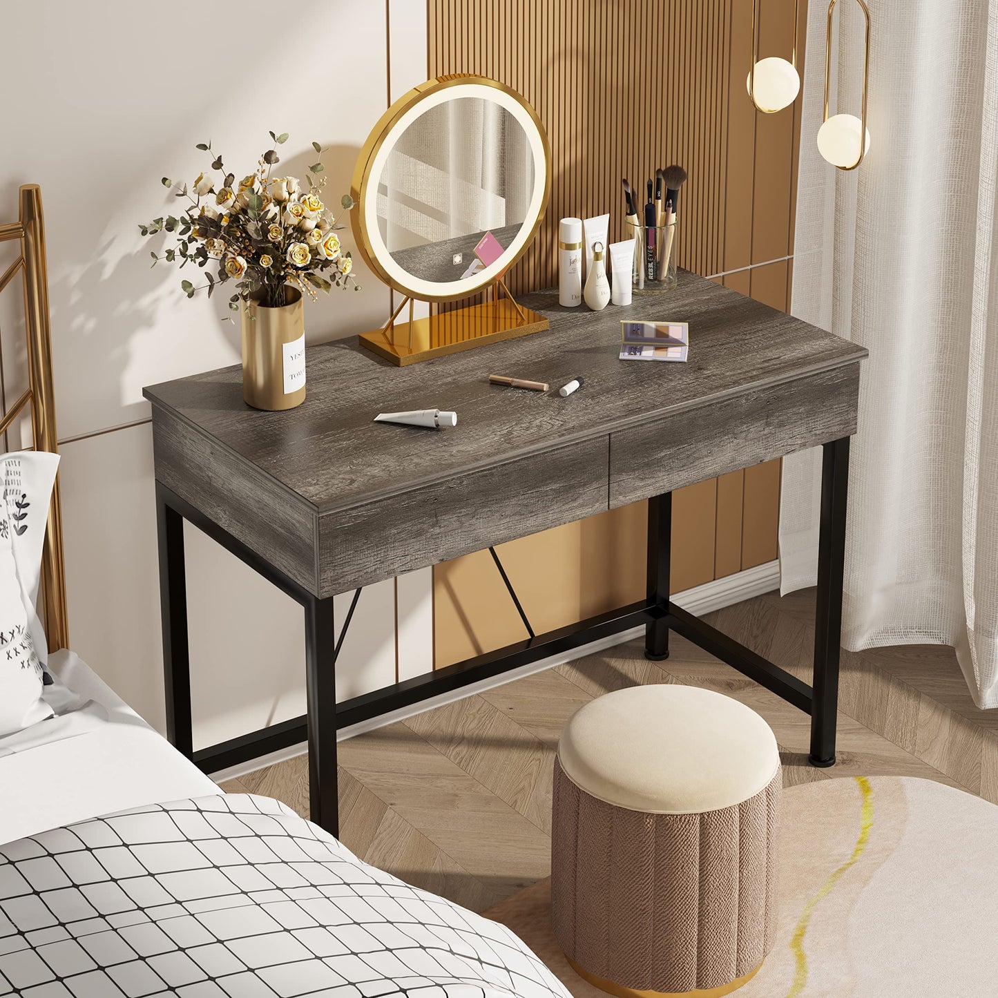 Mexin Small Desk with 2 Wooden Drawers, 40 Inch Home Office Writing Desk, Vanity Desk with Storage, Computer Desk for Bedroom Small Spaces, Table for Office, Work, Kids Study, Makeup, Gray Oak