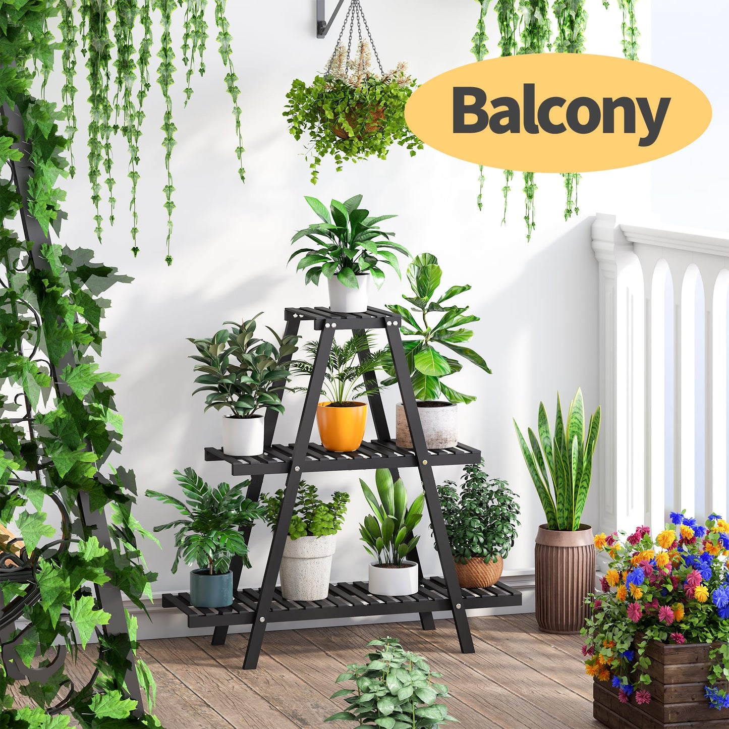 Furshus Bamboo Plant Stand Indoor/Outdoor, 3-Tier, Black, Rectangular, 8 Potted Flower Holder Ladder Plant Rack