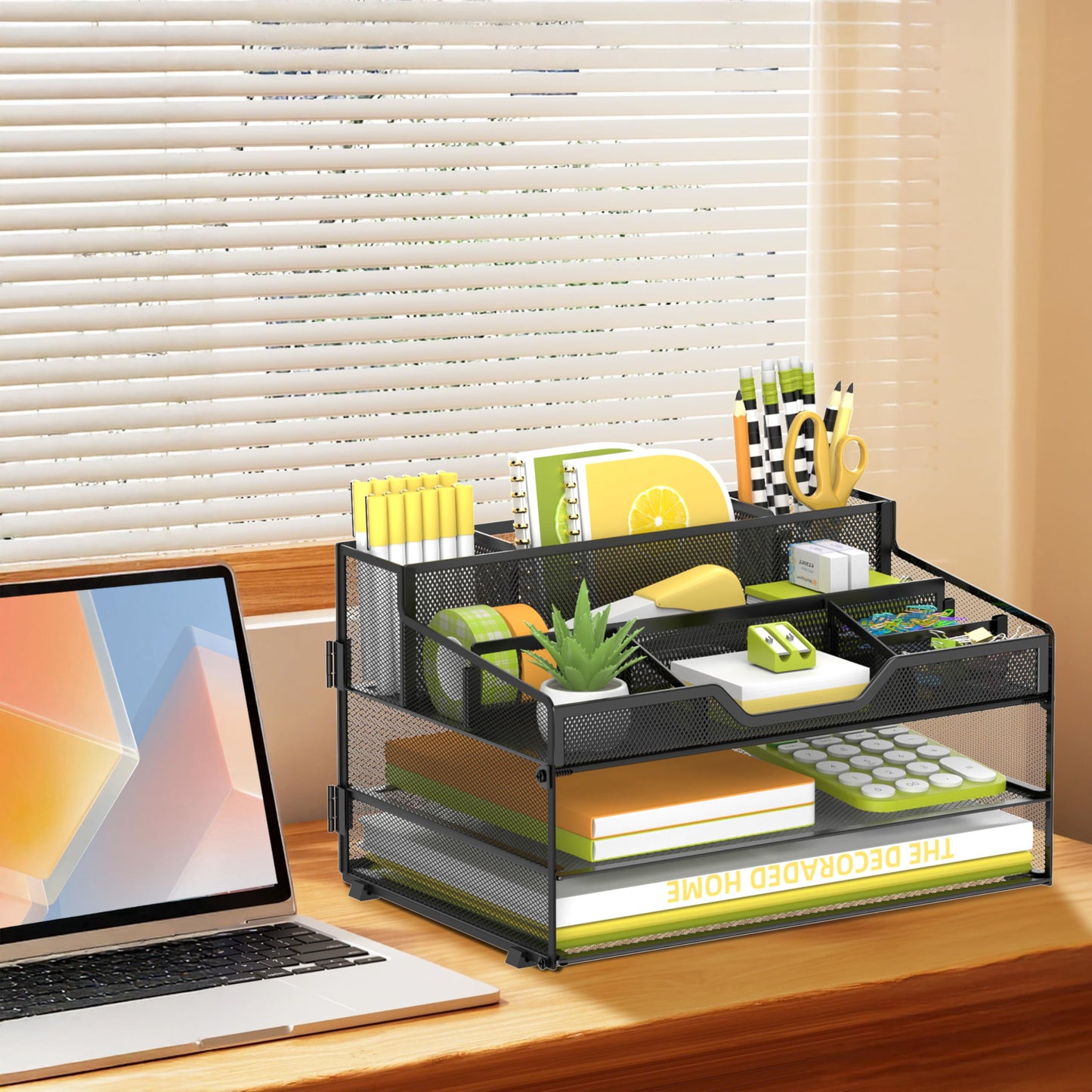SUPEASY 3 Tier Desk Organizer, Mesh Letter Tray Paper Organizer with 5 Adjustable Storage Compartments & Pen Holder, Metal Desk Accessories for Home Office School, Black