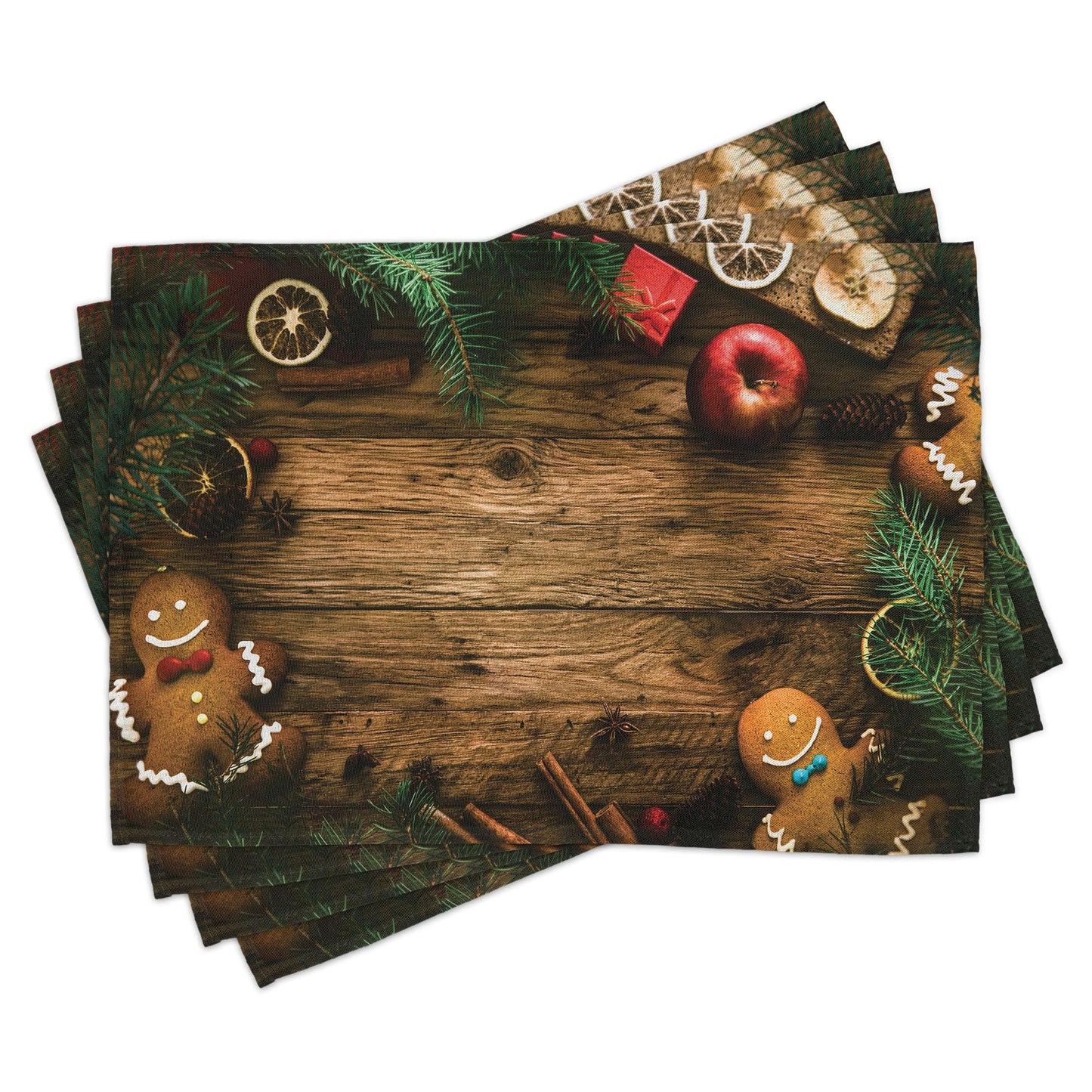 Ambesonne Christmas Place Mats Set of 8, Gingerbread Man Gift Box Coniferous Pine Cinnamon Dessert on Rustic Wood Theme, Washable Fabric Placemats for Dining Table, Placemat 8 pcs, Green and Brown