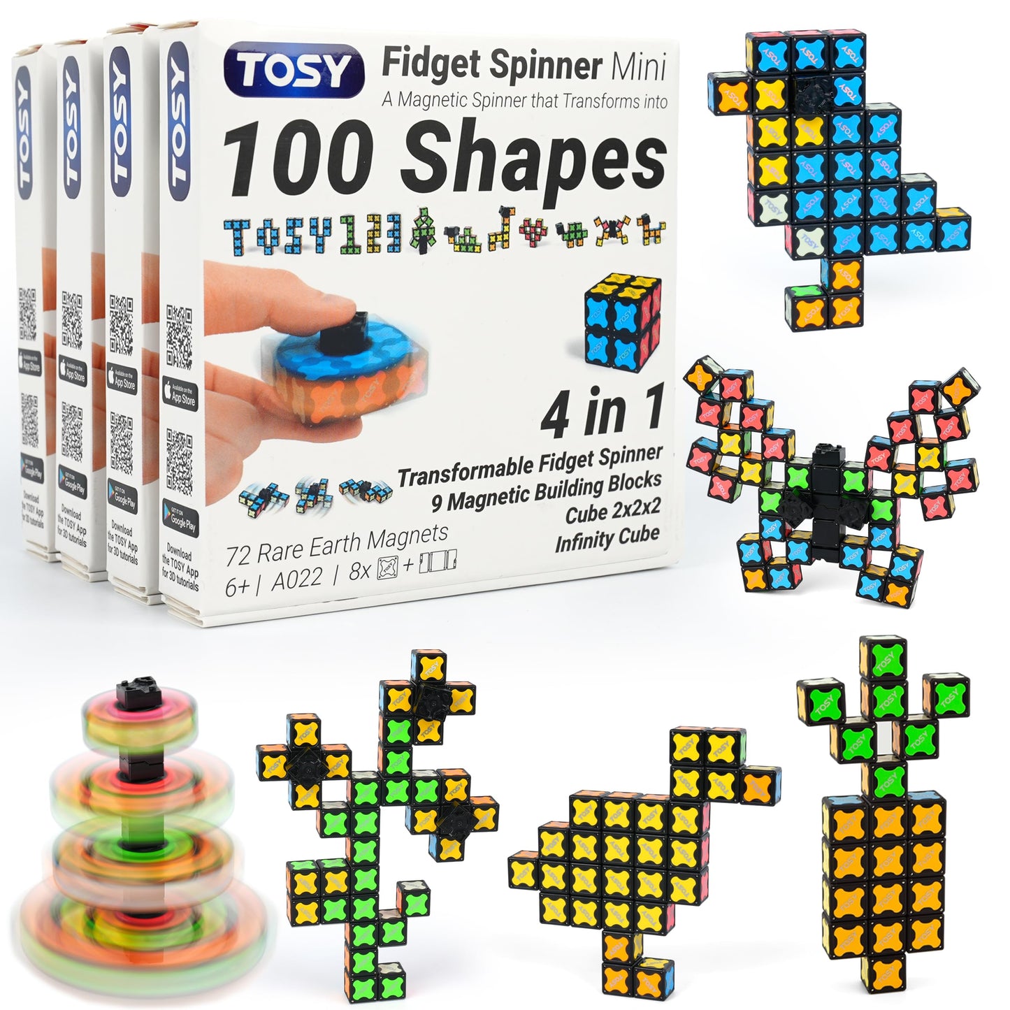 TOSY Magnet Fidget Spinner Mini - 8 Blocks, 3in1 Toy: Transformable Fidget Spinner, Infinity Cube, 2x2 Puzzle Cube, Easter Basket Stuffers Gift for Kids/Adult, STEM Sensory Stress Relief Toy, 4-Pack
