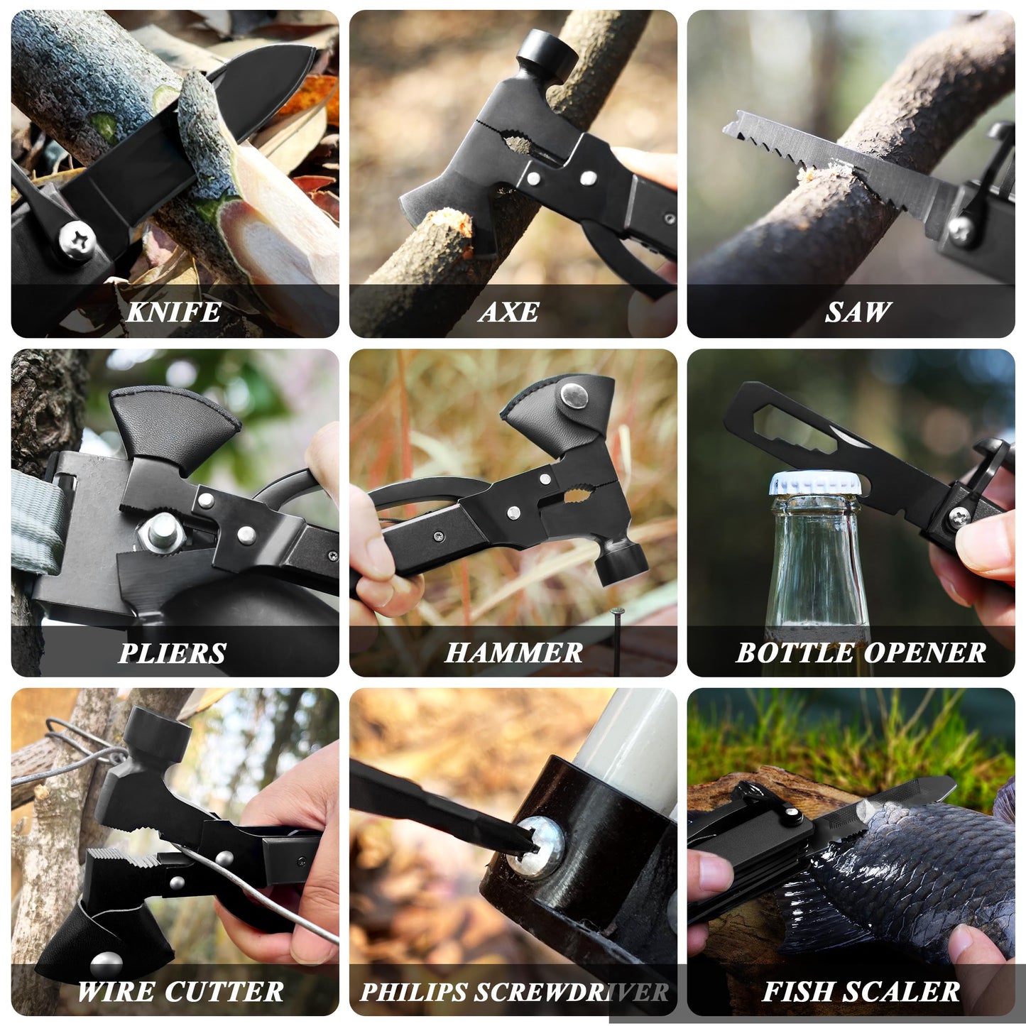 RoverTac 14-in-1 Multitool Camping Axe – Multi Tool with Knife, Hammer, Saw, Screwdrivers, Bottle Opener – Camping Tool with Sheath – Tool Gifts for Men, Dad, Husband, and Outdoor Enthusiasts.