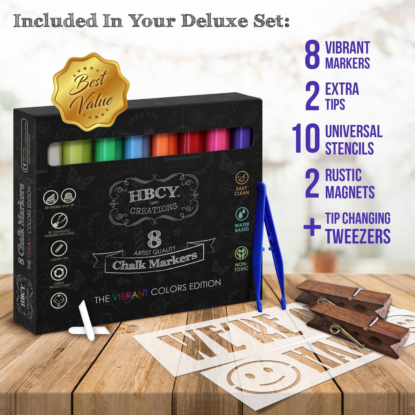 A Frame Chalkboard with Chalk Markers by HBCY Creations: 40x20 Solid Wood A-Frame Sign Gray Double-Sided Magentic Menu Board, Deluxe Set Includes 8 Chalk Markers, 10 Stencils, 2 Magnets