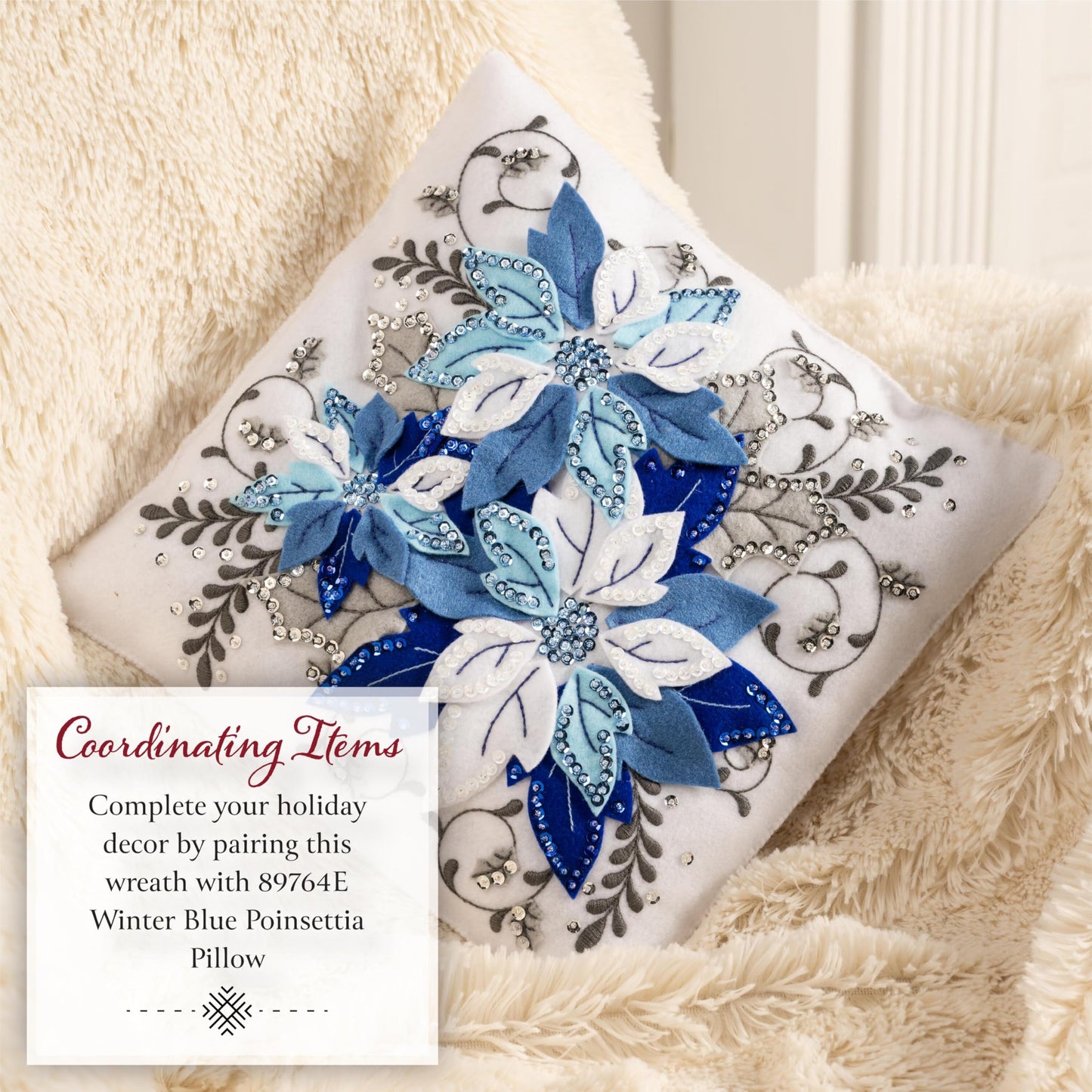 Bucilla Felt Applique Wreath Making Kit, Winter Blue Poinsettia, Perfect for DIY Arts and Crafts