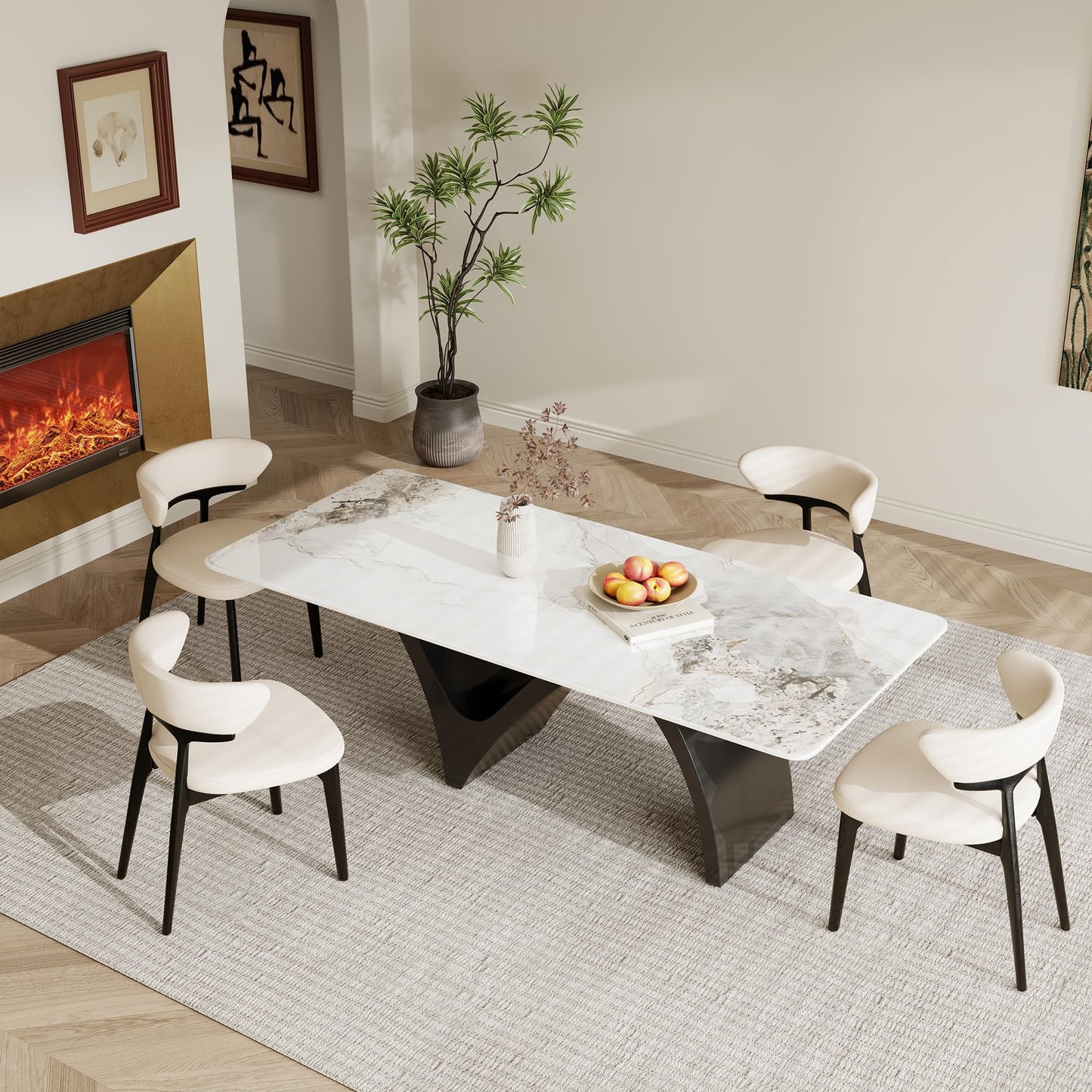 86" Modern Rectangular Dining Table for 8-10, Glossy Kitchen Table with Glossy White Glossy Sintered Stone Tabletop, and Black Stainless Steel Base (Table Only)