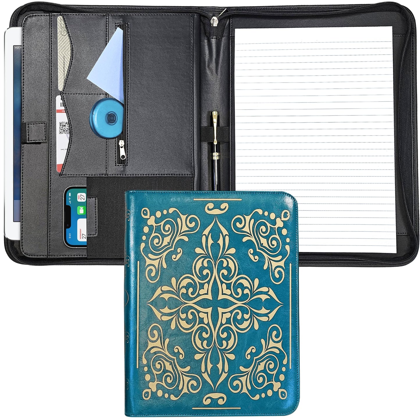 Professional Padfolio for Organized Productivity, Zippered Portfolio, Business Card & Interview Portfolio, Tablet, Laptop, Phone & Folder Holder, Included Pen & Notepad, Antique Teal Binder.