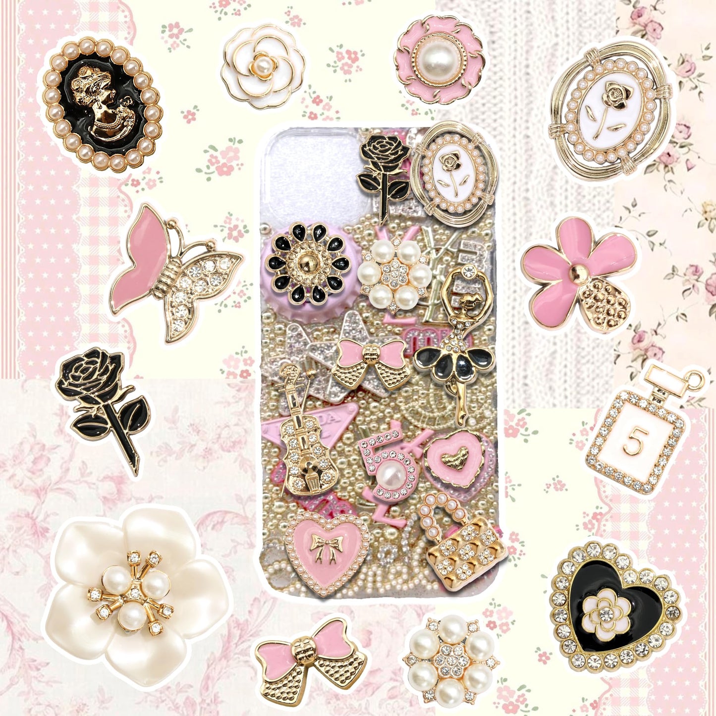 BELICEY Junk Case Charms Kit Gold Pink Flower Big Charm for Junk Cases 3D Vintage Bow Heart Rose Phone Case Charms Flatback Butterfly for DIY Personalization