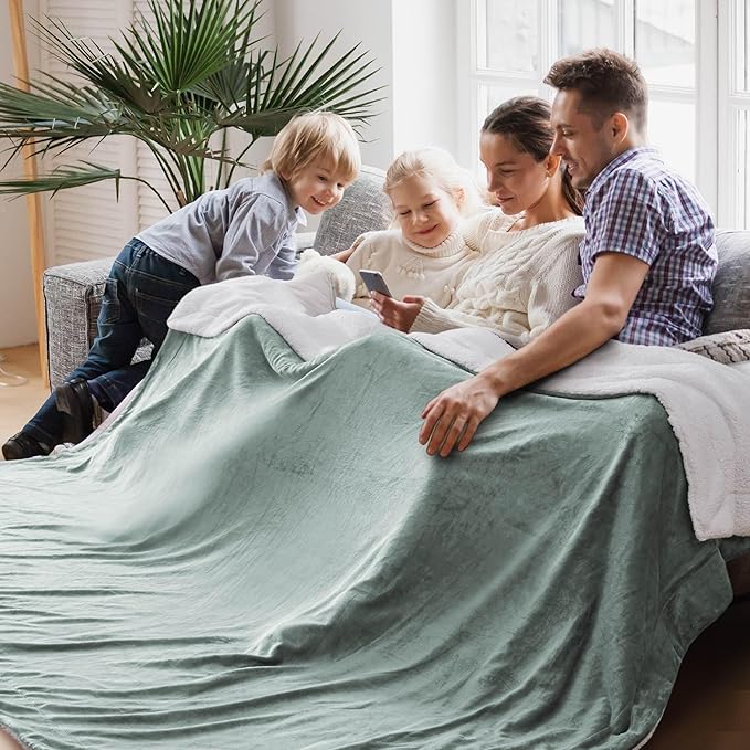 Bedsure Sherpa Fleece Oversized Cal King Blankets for Bed - Thick and Warm, Soft Fuzzy Plush Large Blanket for Winter, Sage Green, 112x98 Inches