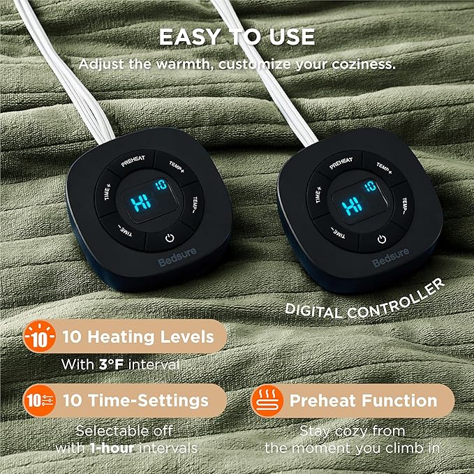 Bedsure Electric Blanket Queen Size - Dual Control Heated Blanket Queen, Fast Heating with 10 Time Settings & 10 Heat Settings, Warm Gift for Grandma (84x90 inches, Olive Green)
