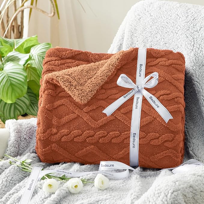 Bedsure Sherpa Fleece Blanket Twin Size for Bed - GentleSoft Fluffy & Cozy Cable Jacquard Tufted for Women Gift, Thick and Warm Blankets for Winter, Orange, 60x80 Inches