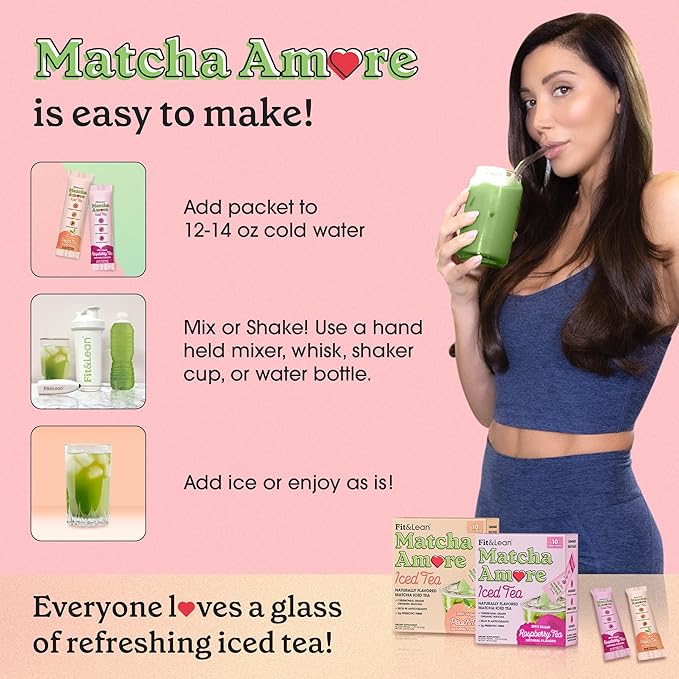 Fit & Lean Matcha Amore Iced Tea, Organic Ceremonial Grade Matcha Green Tea, Prebiotic Fiber, L-Theanine, Naturally Sweetened, NON-GMO, Zero Sugar, Raspberry Iced Tea, 10 Stick Packs