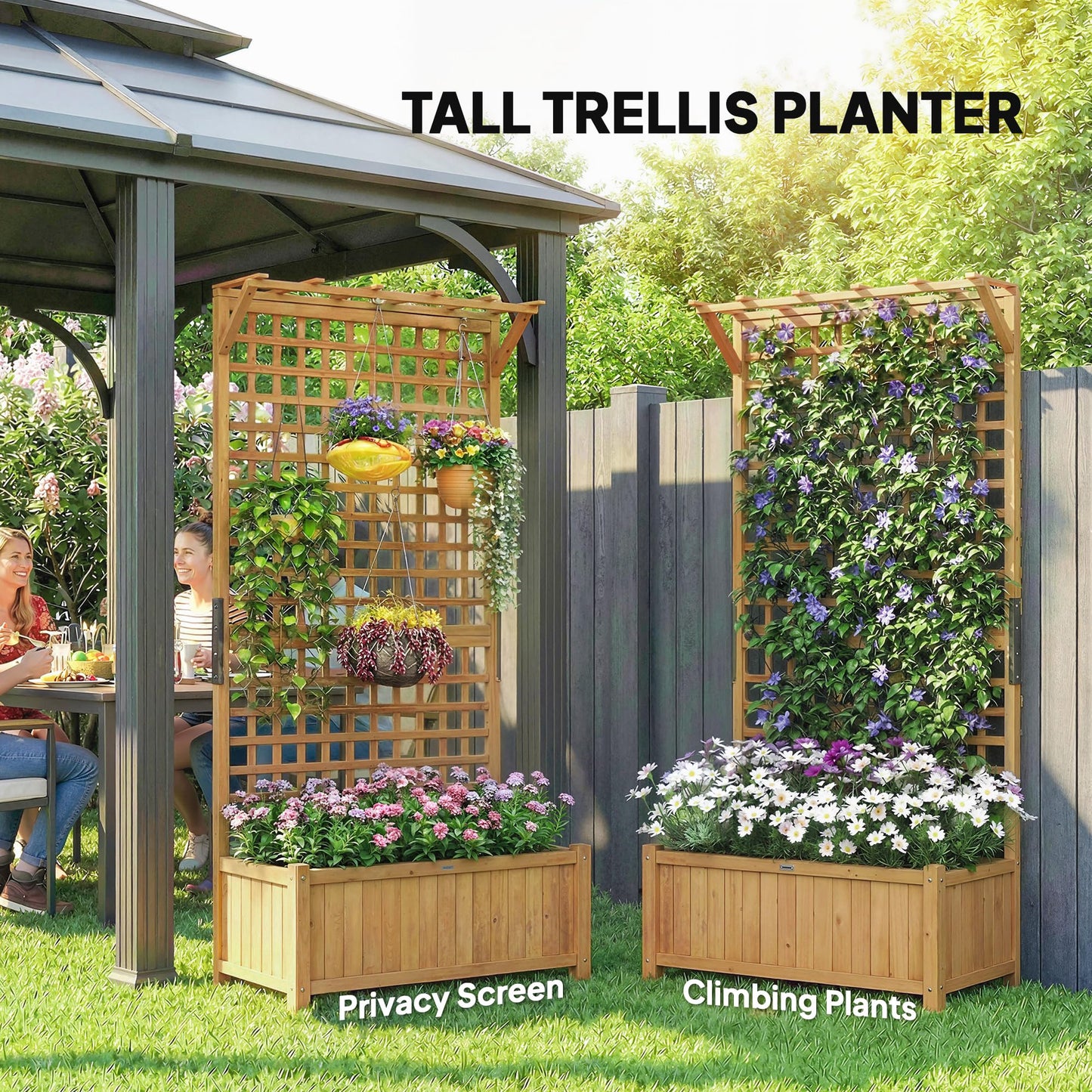 Outsunny Wood Planter with Trellis, Raised Garden Bed for Climbing Plants w/Drainage Holes and Roof, 35.5" x 17.75" x 72", Yellow