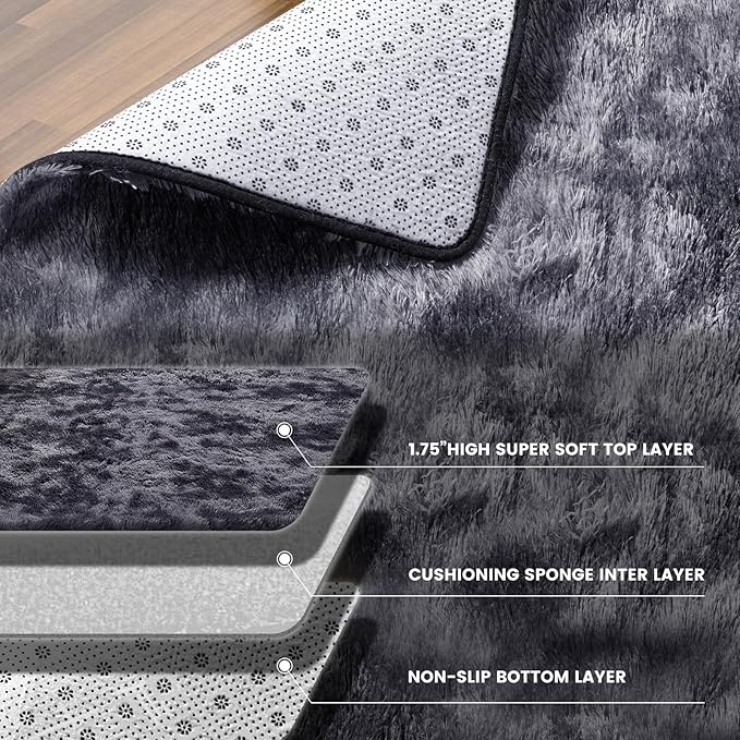 KNZE 9X12 Feet High Pile Tie-Dye Rug, Dark Grey, Area Rug for Living Room, Plush Shag Carpet for Kids Room, Extra Large Fuzzy Rug, Soft Home Decor