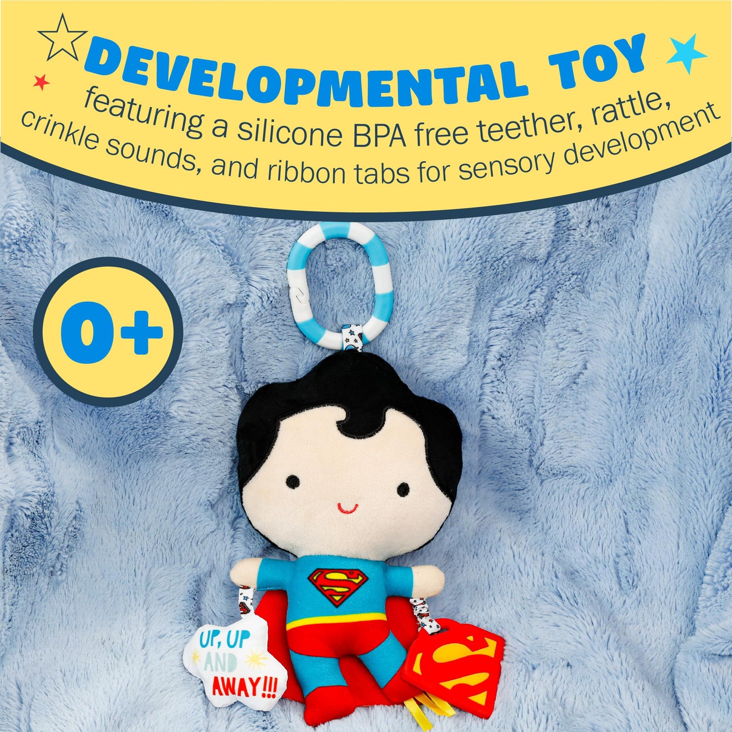 Kids Preferred DC Comics Superman Multi Sensory Activity Toy with Teethers, Crinkle Textures, and Clip for On The Go Fun for Infant and Baby Boys and Girls, Medium