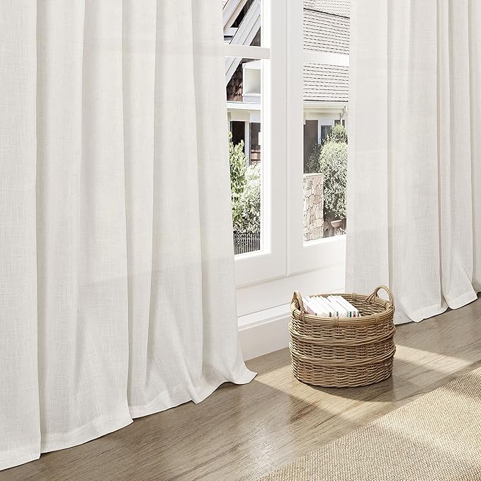 Cream Linen Curtains 126 Inches Long 2 Panels Set for Living Room Extra Long Back Tab Curtain Neutral Farmhouse Light Filtering Semi Sheer Linen Drapes Ceiling to Floor for Large Window 52x126