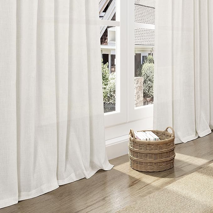 Cream Linen Curtains 115 Inches Long 2 Panels Set for Living Room Extra Long Back Tab Curtains Neutral Farmhouse Light Filtering Semi Sheer Linen Drapes Ceiling to Floor for Large Window 52x115